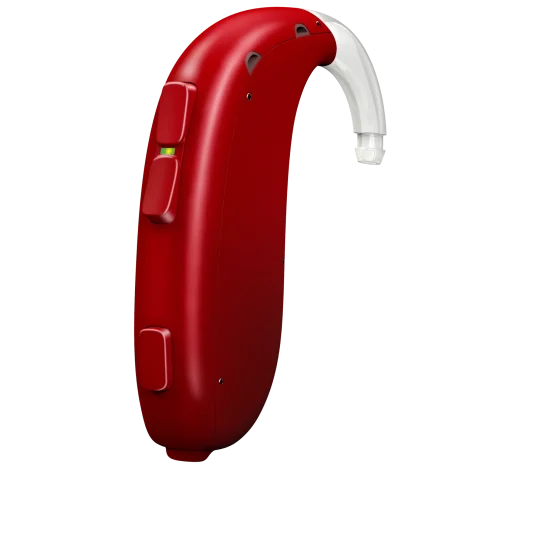 Oticon_Xceed_Play_BTE_UP_Left_C046CoolRed_LEDgreen_Hook_Audioday Soluções Auditivas